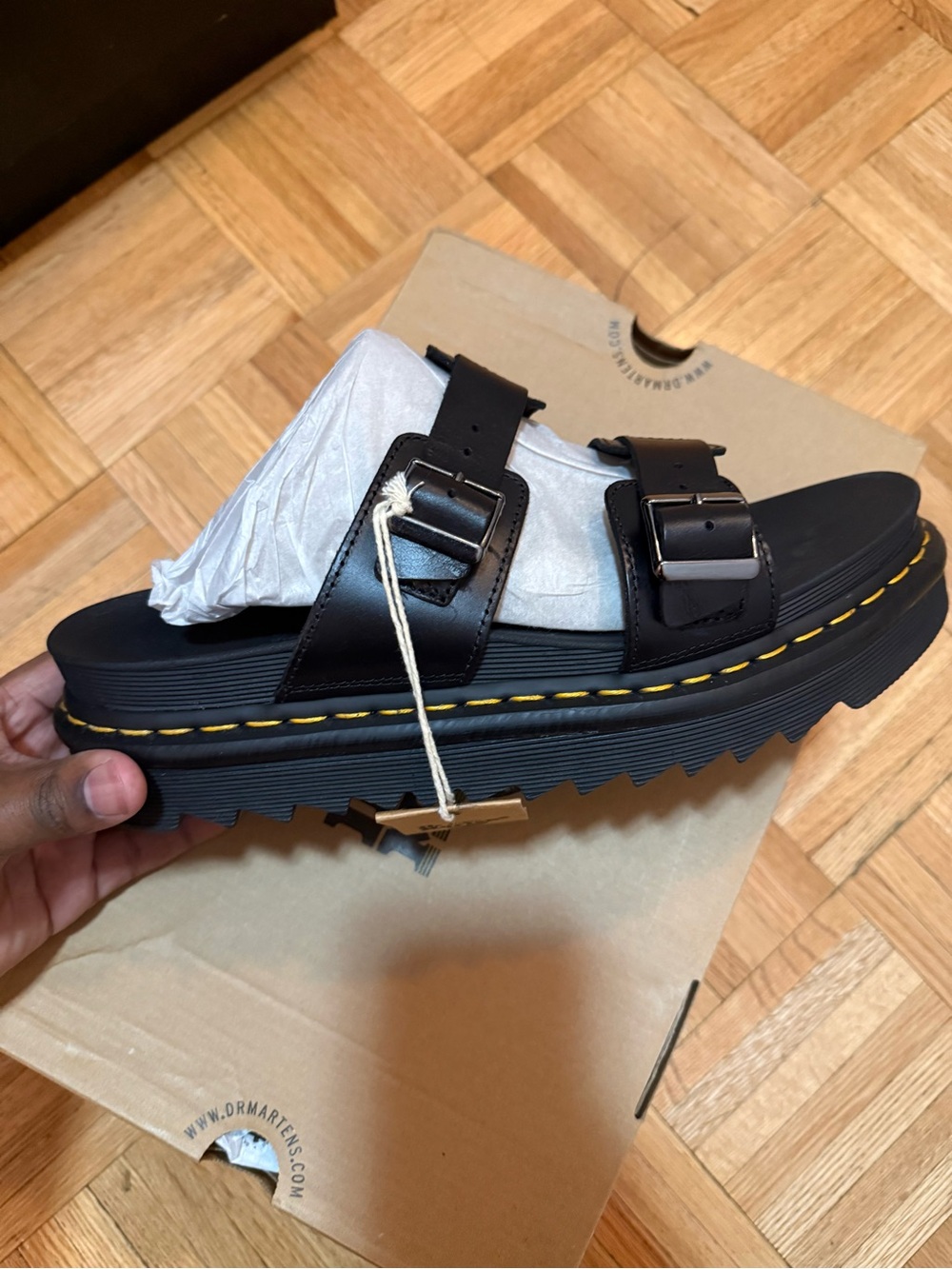 Dr. Martens Black Leather Double-Buckle Slide Sandals with Yellow Stitching